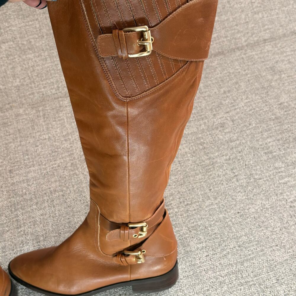 MICHAEL KORS Women Brown Leather Tatum Tall Riding Boots Gold Buckle SZ 7.5 - Picture 8 of 11